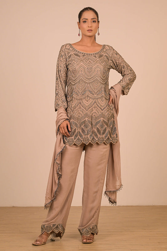 Fawn Short Kurti Suit Set In Georgette with Intricate Moti Embroidery