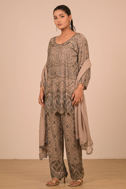 Green Georgette Suit Set with Intricate Moti Embroidery