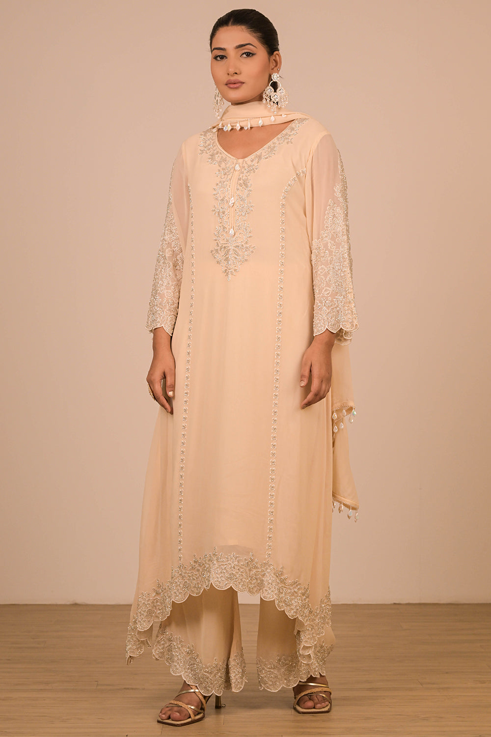 Ivory Pearl Embroidered Georgette Suit Set with Scalloped Detailing & Tassel Dupatta