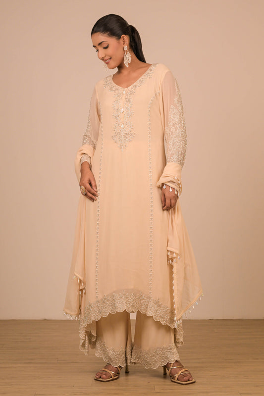 Ivory Pearl Embroidered Georgette Suit Set with Scalloped Detailing & Tassel Dupatta
