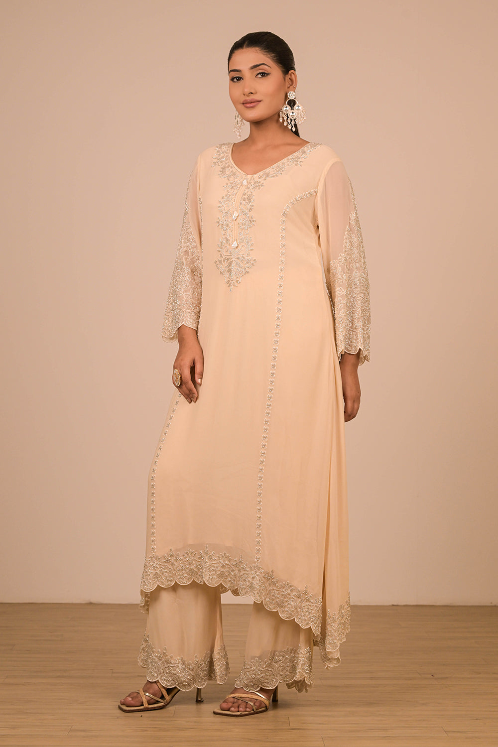 Ivory Pearl Embroidered Georgette Suit Set with Scalloped Detailing & Tassel Dupatta