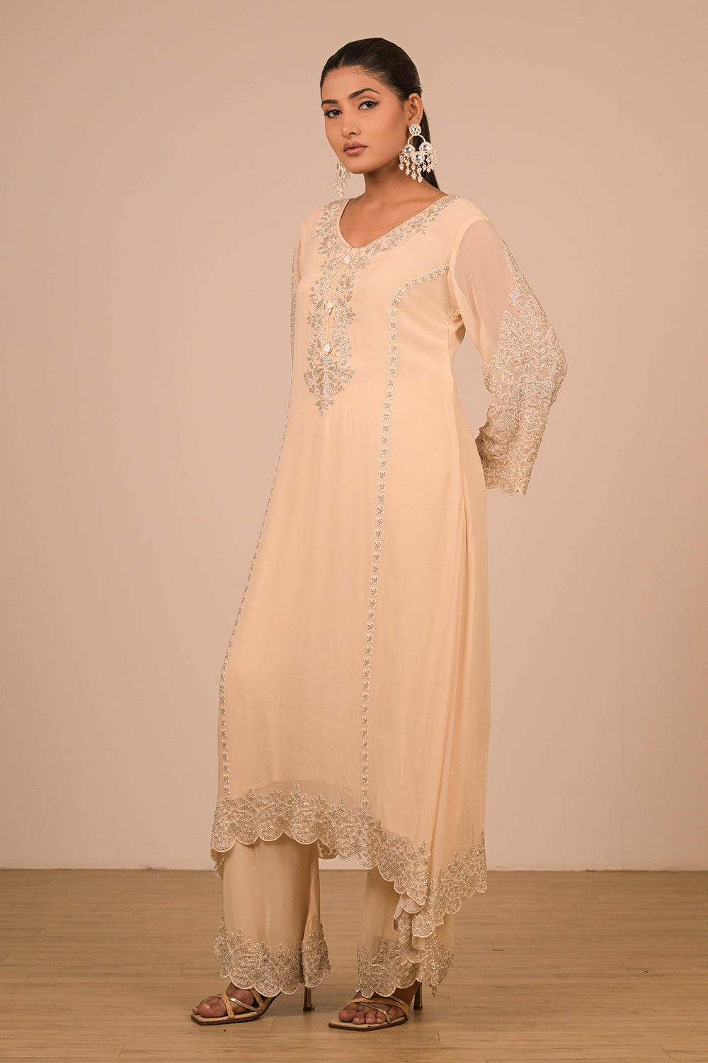 Ivory Pearl Embroidered Georgette Suit Set with Scalloped Detailing & Tassel Dupatta