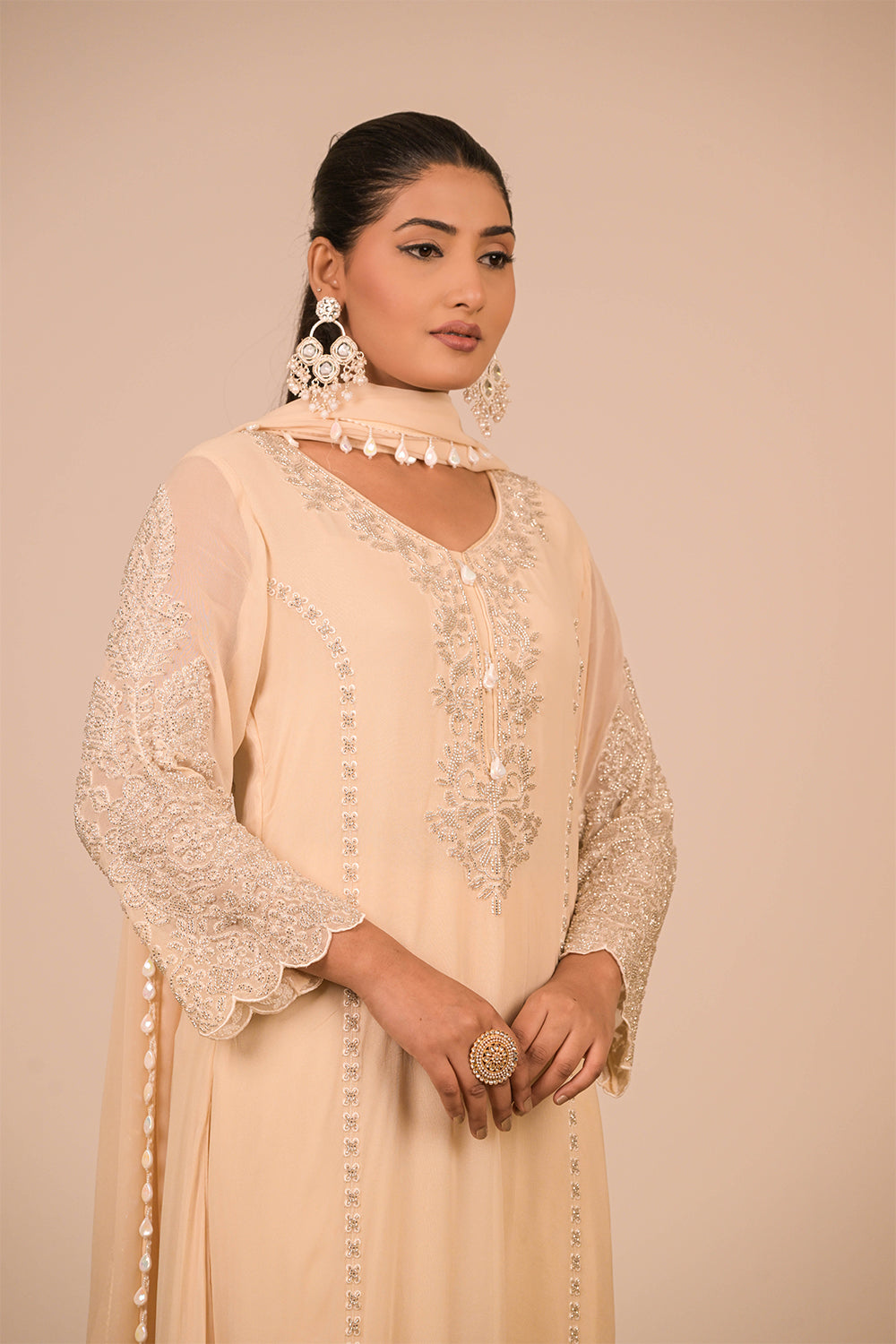 Ivory Pearl Embroidered Georgette Suit Set with Scalloped Detailing & Tassel Dupatta