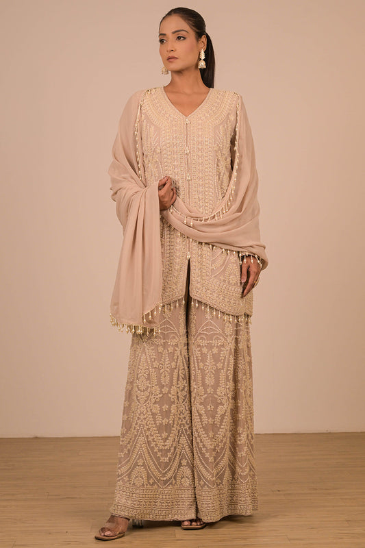 Lavender Georgette Sharara Set with Intricate Moti Embroidery