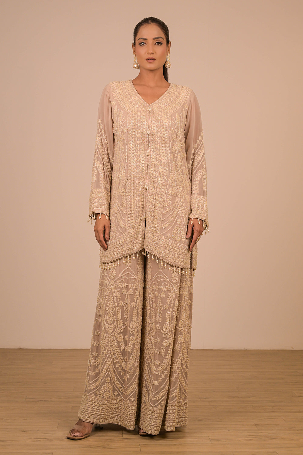 Lavender Georgette Sharara Set with Intricate Moti Embroidery