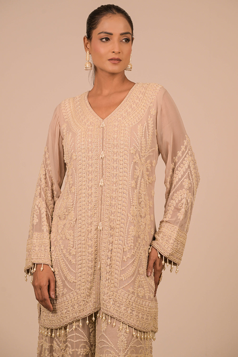 Lavender Georgette Sharara Set with Intricate Moti Embroidery