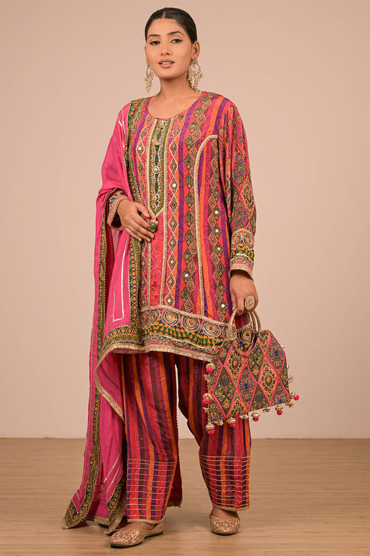 Magenta Crepe Suit Set with Farsi Salwar with Canvas Tote Bag