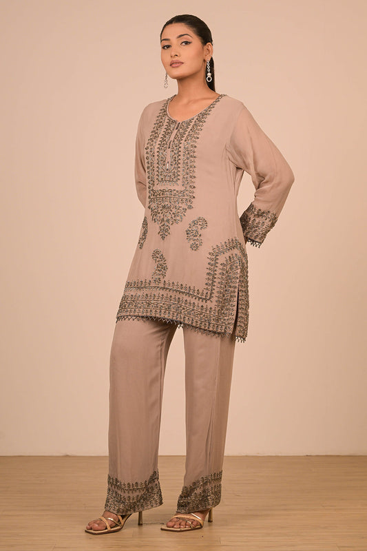 Mouse Grey Pearl Embroidered Georgette Kurta Set