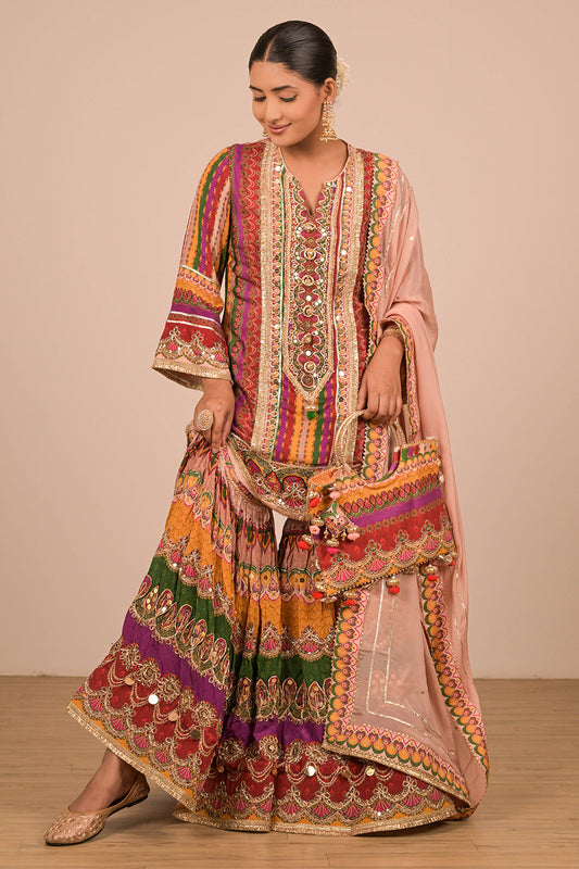 Multicolor Crepe Sharara Set with Canvas Tote Bag with Vibrant Print Motifs