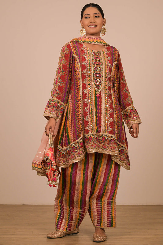 Multicolor Crepe Suit Set with Farsi Salwar with Canvas Tote Bag