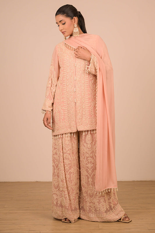 Peach Georgette Sharara Set with Intricate Moti Embroidery
