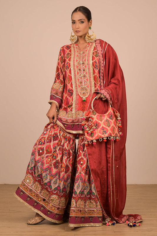 Persian Red Crepe Sharara Set with Canvas Tote Bag with Vibrant Print Motifs
