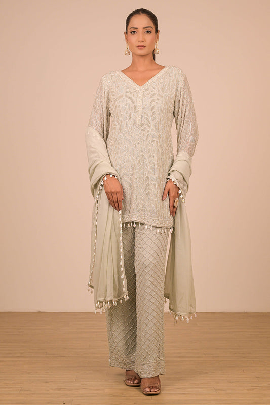 Pista Crepe Short Suit Set with Pearl Moti Embroidery