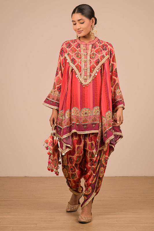 Vibrant Persian Red Crepe Suit Set with Tulip Pants and Heavy Embroidered Potli Bag