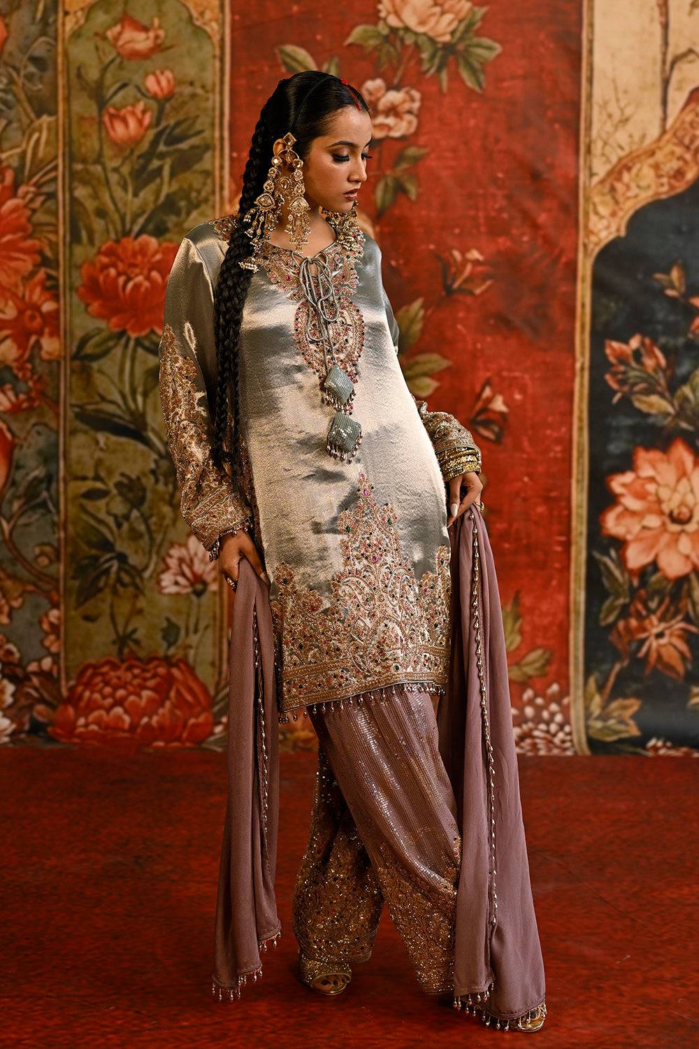 Ivory Banarsi Silk Tissue Kurta Set With Embroidered Borders And Statement Trousers