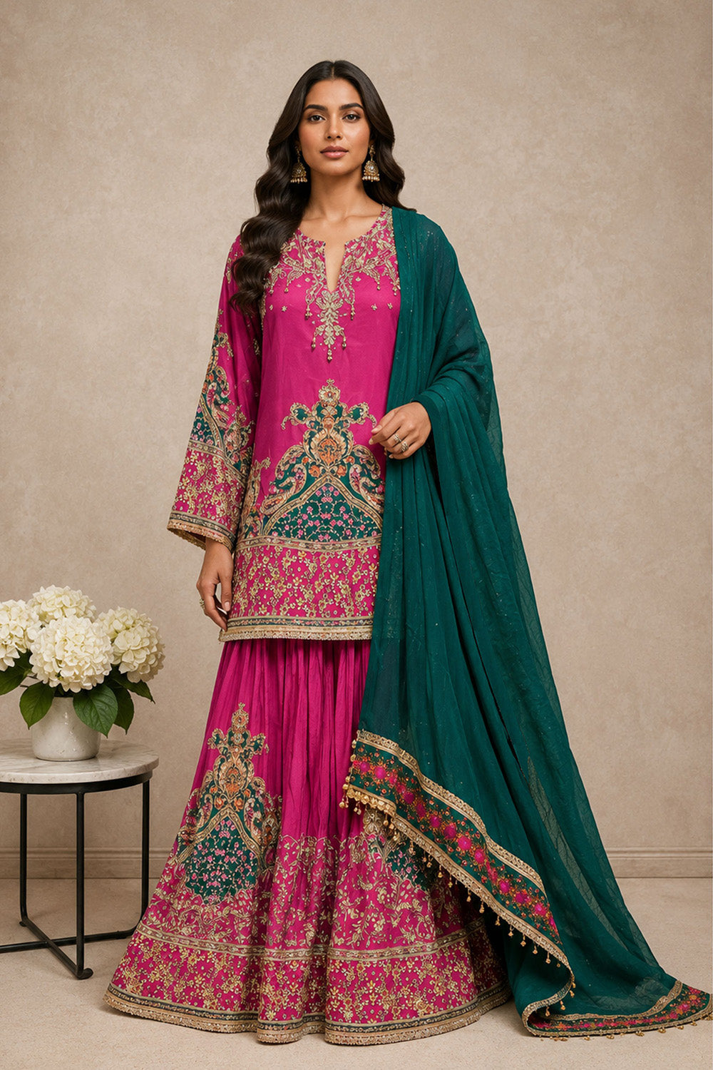Magenta Pink Crepe Sharara Suit With Teal Embroidered Dupatta Design