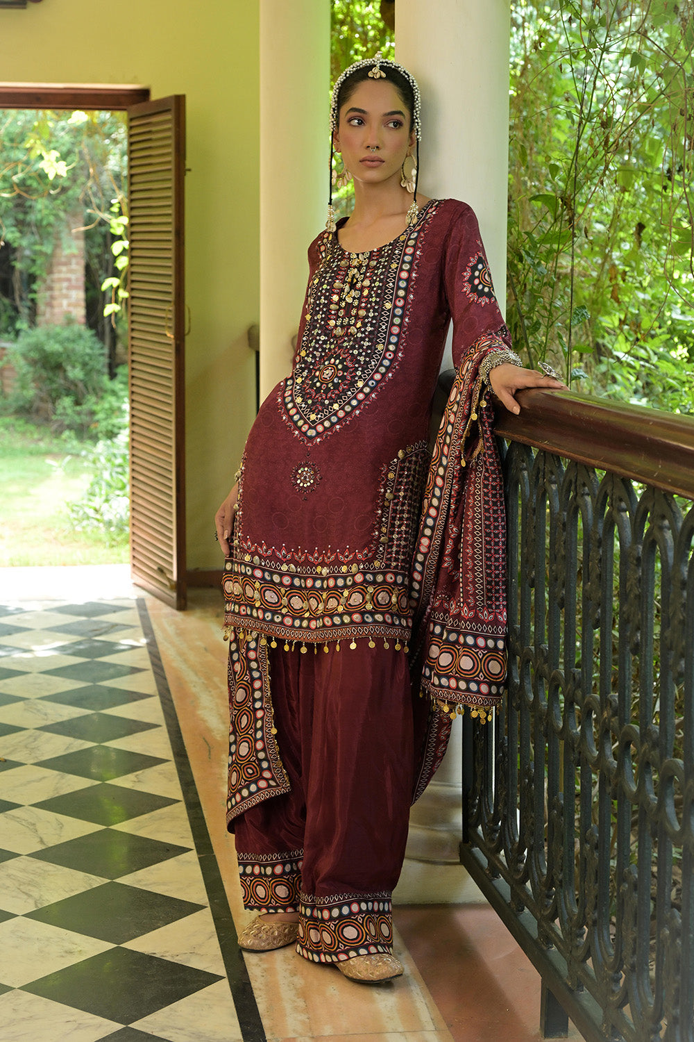 Maroon Crepe Short Kurti With Printed Farshi Pants And Dupatta