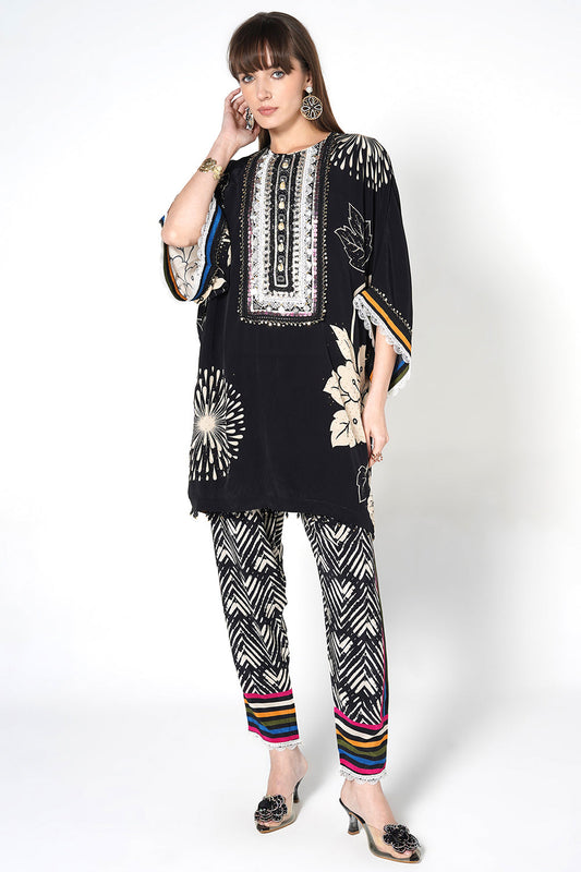 Mosaic Black Floral Printed Designer Kurta Contemporary crepe Co-ord Set