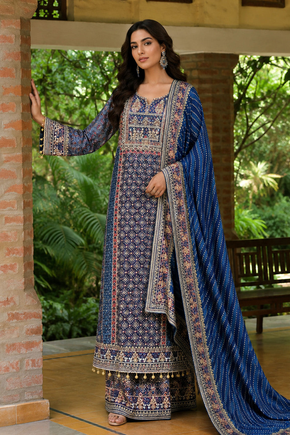 Navy Blue Crepe A Line Long Kurta Set With Dupatta