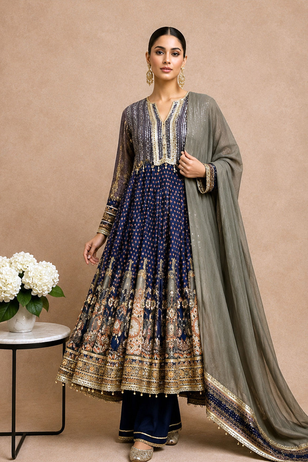 Navy Blue Crepe Anarkali Suit With Grey Dupatta Printed Detailing