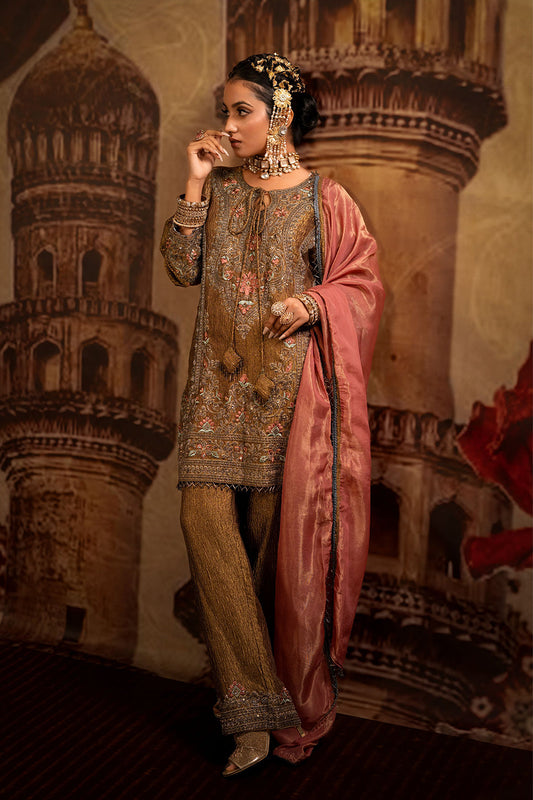 Olive Brown Tissue Kurta Set With Embroidered Detailing And Rose Pink Dupatta Elegance