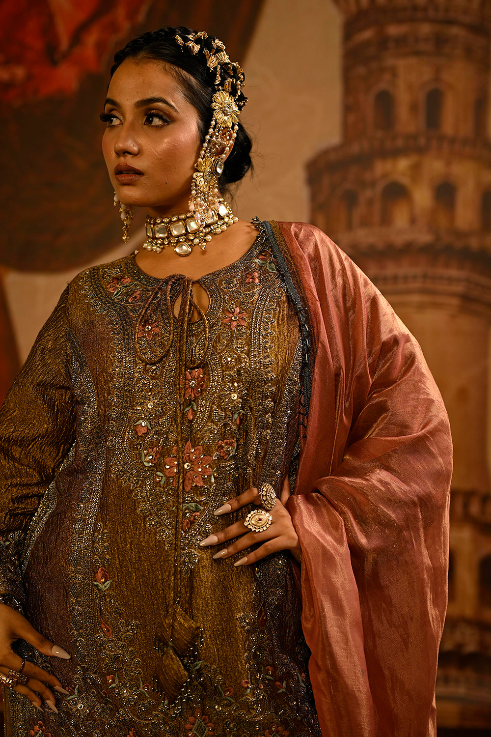 Olive Brown Tissue Kurta Set With Embroidered Detailing And Rose Pink Dupatta Elegance