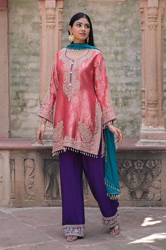 Orange Brocade 3D Kurti Pant Set Indian Designer Wear