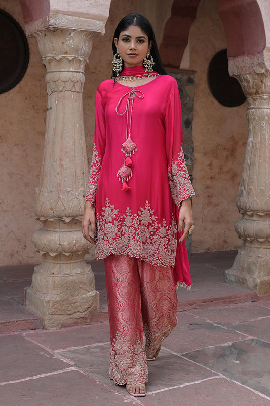 Orange Brocade Kurti Pant Set Festival Ready Indian Party Outfit