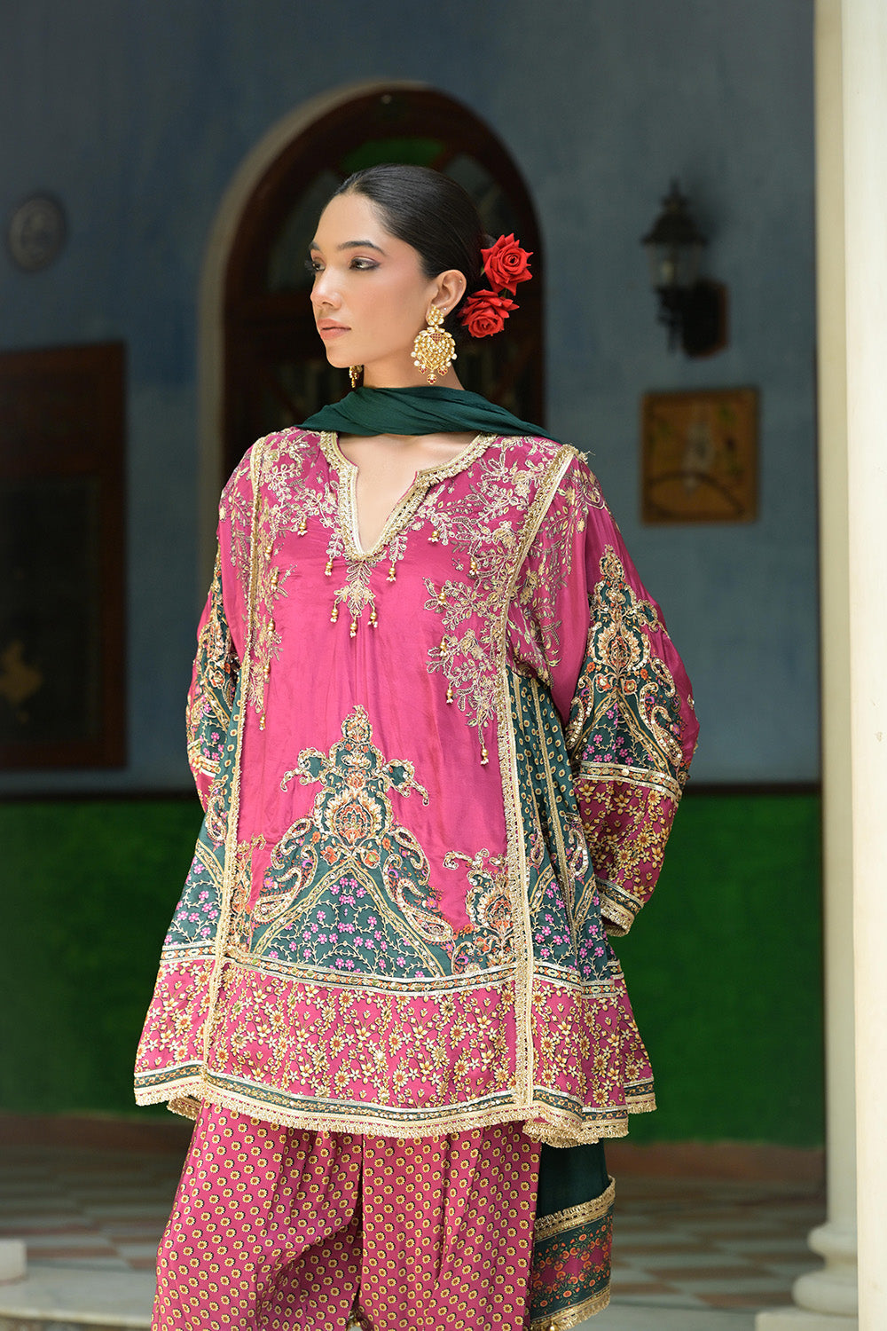 Pink Crepe Short Kurta With Printed Farshi Pants And Dupatta