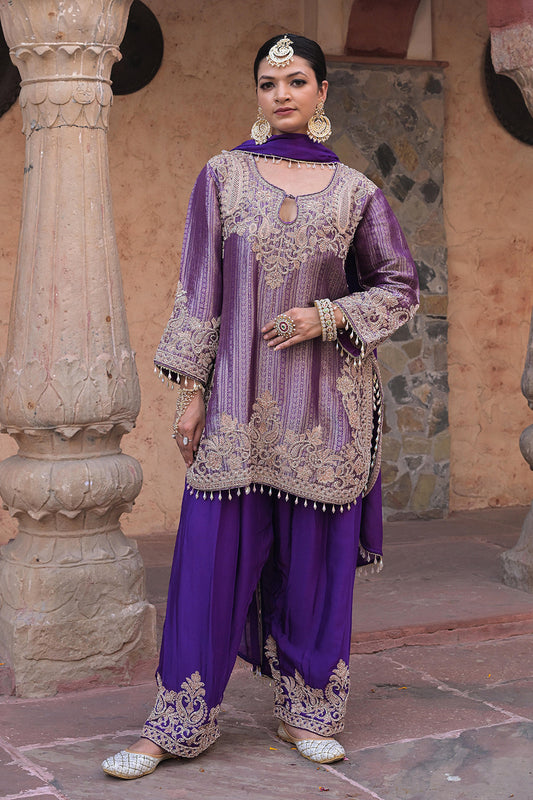 Purple Brocade Kurti Plazzo Set Festive Indian Designer Wear