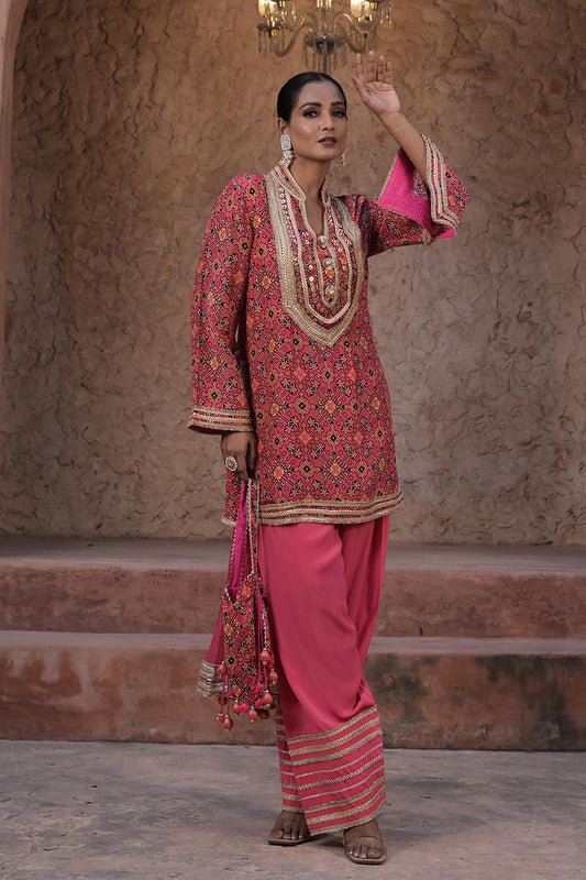 Rani Pink Crepe Kurti Salwar Set Contemporary Festive Fashion