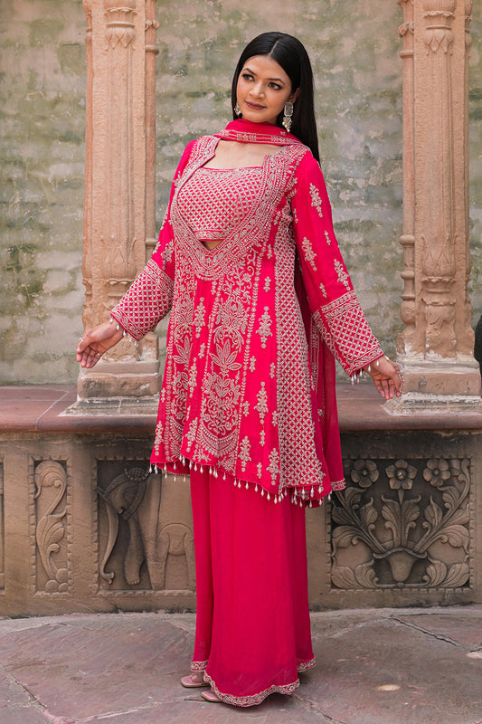Rani Pink Georgette Beads Work Kurta Palazzo Set