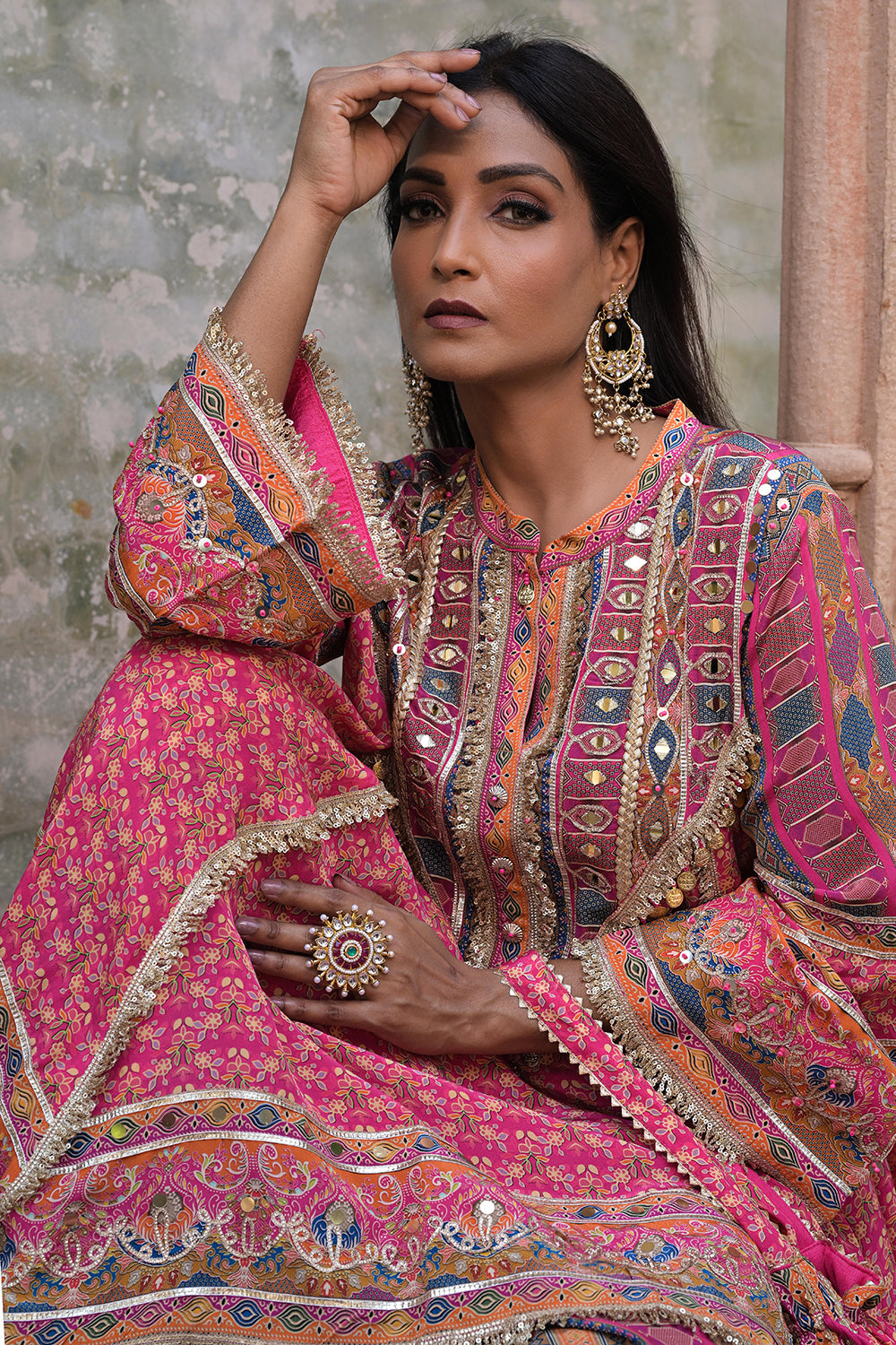 Rani Pink Viscose Crepe Suit Set with Tulip Pants – Festive Glamor