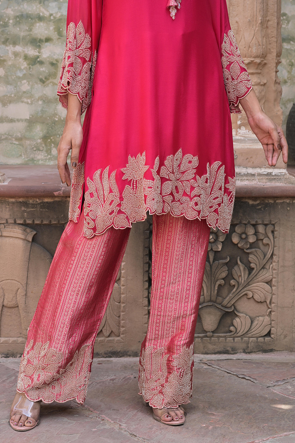 Rani Red Brocade Kurti Pant Set Elegant Party Outfit