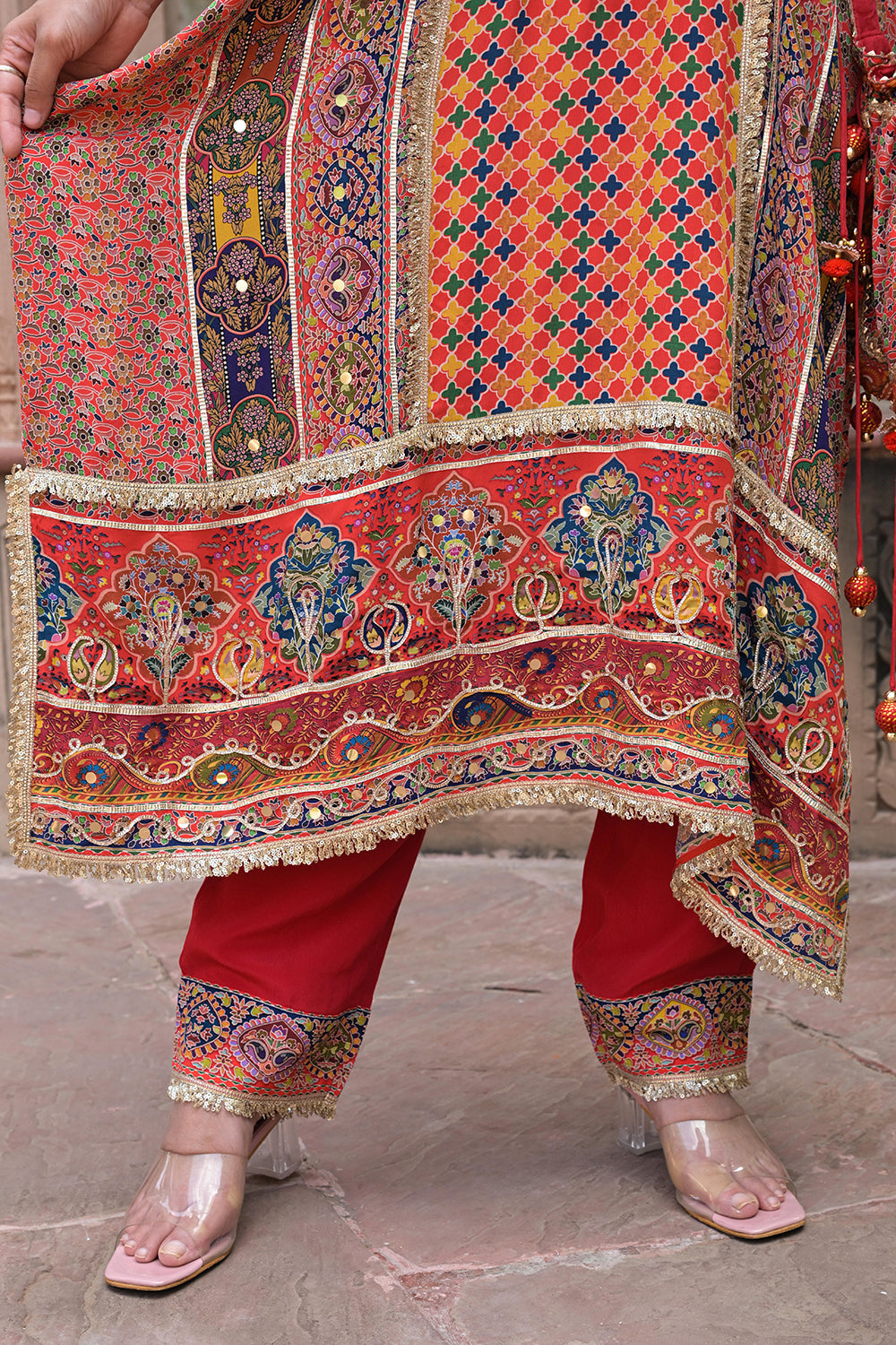 Red Crepe Kaftan Pant Set Embroidered Indian Festive Wear