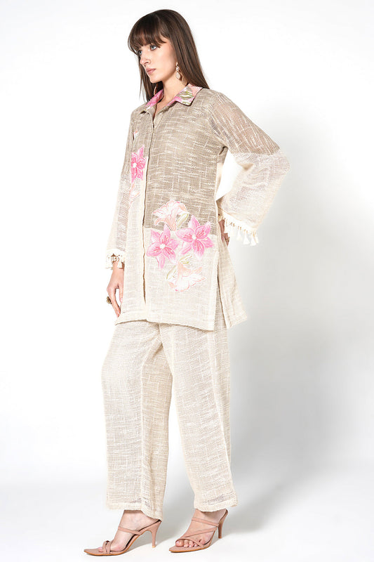 Resha Jute Fabric Floral Designer Co-Ord Set Shirt Style Outfit