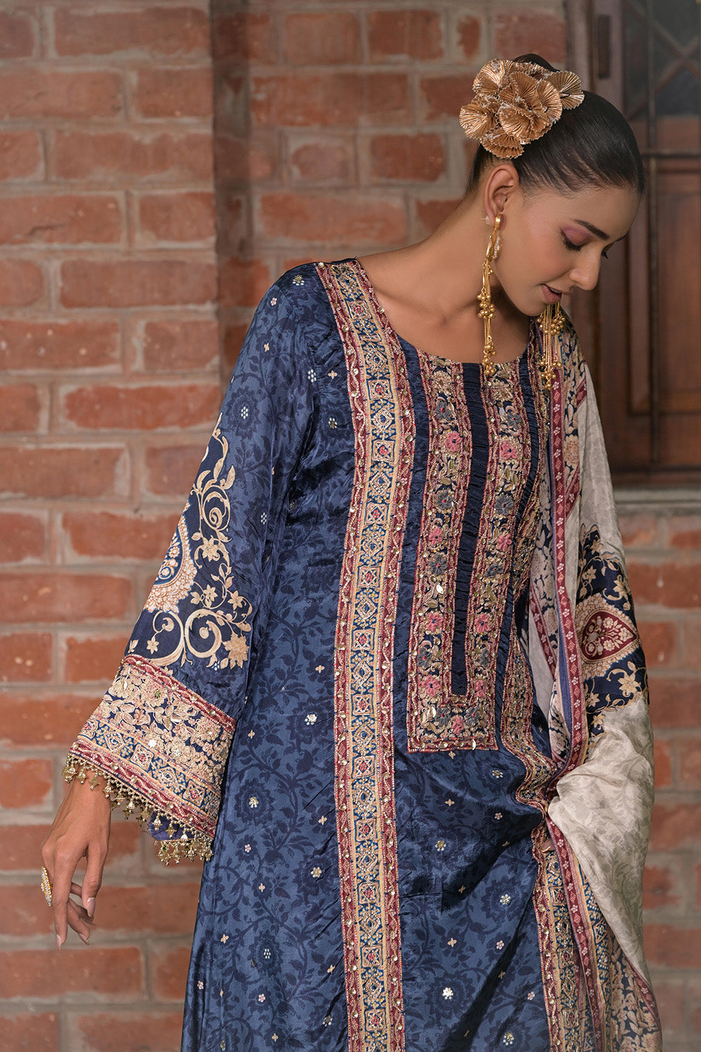 Royal Blue Crepe A Line Long Kurta Set With Dupatta