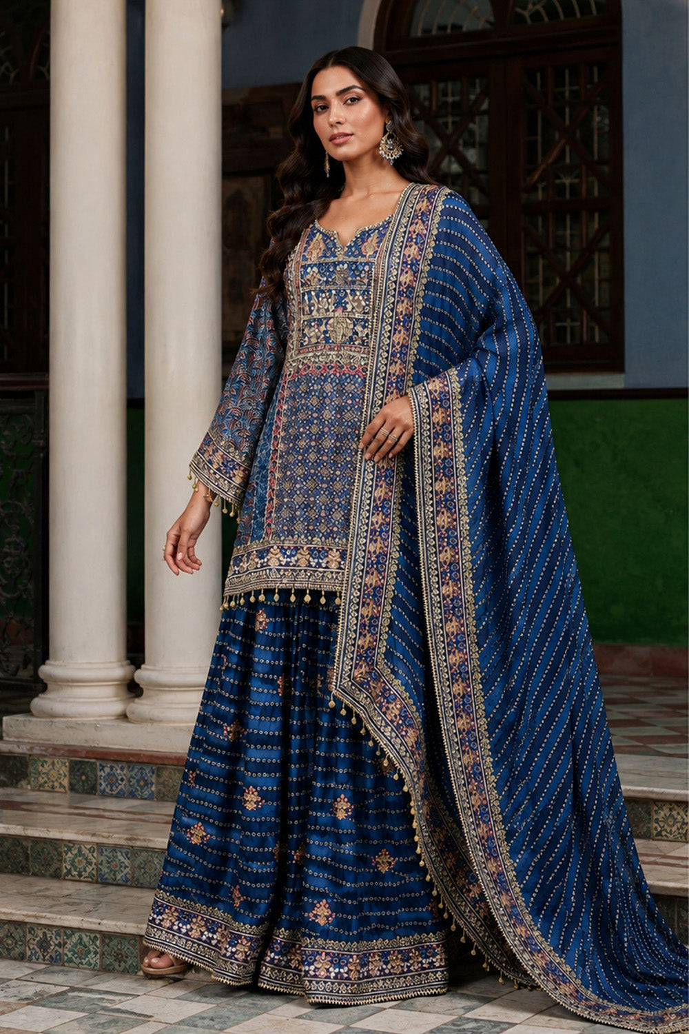 Royal Blue Crepe Sharara Suit With Printed Kurta And Dupatta