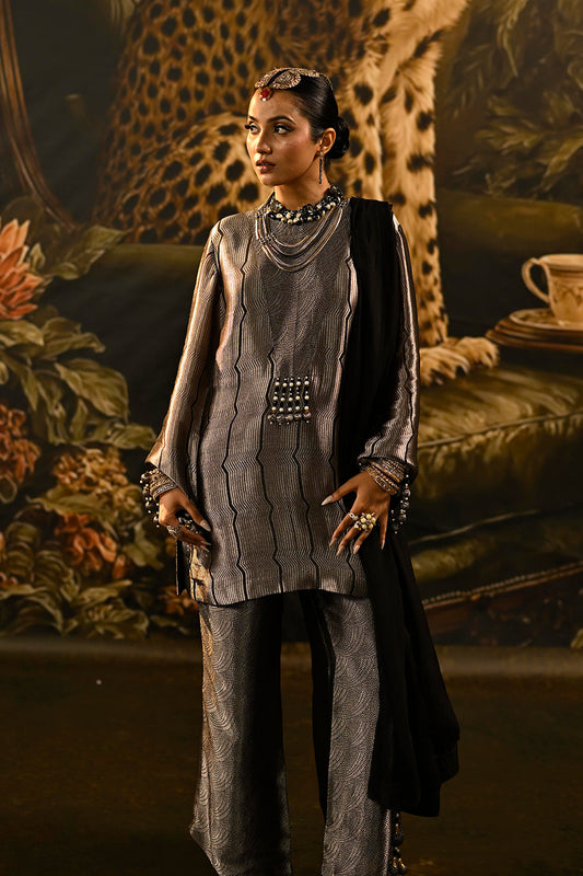Silver Grey Banarsi Silk Tissue Brocade Kurta Set With Black Dupatta And Rich Borders