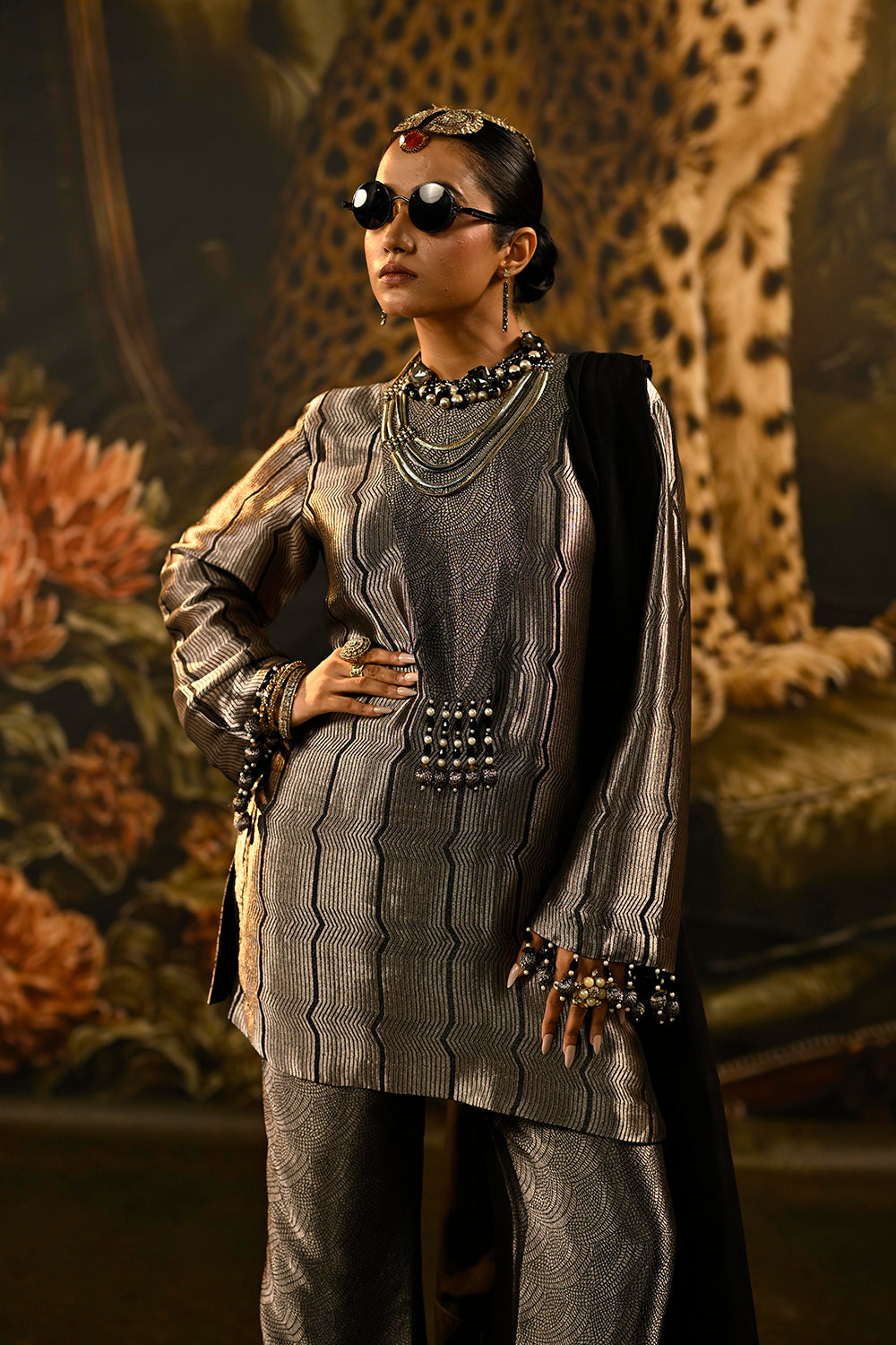 Silver Grey Banarsi Silk Tissue Brocade Kurta Set With Black Dupatta And Rich Borders