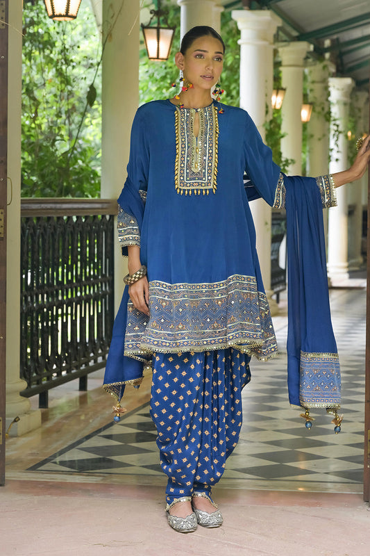 Teal Blue Solid Crepe Short Kurti With Dhoti Style Pants