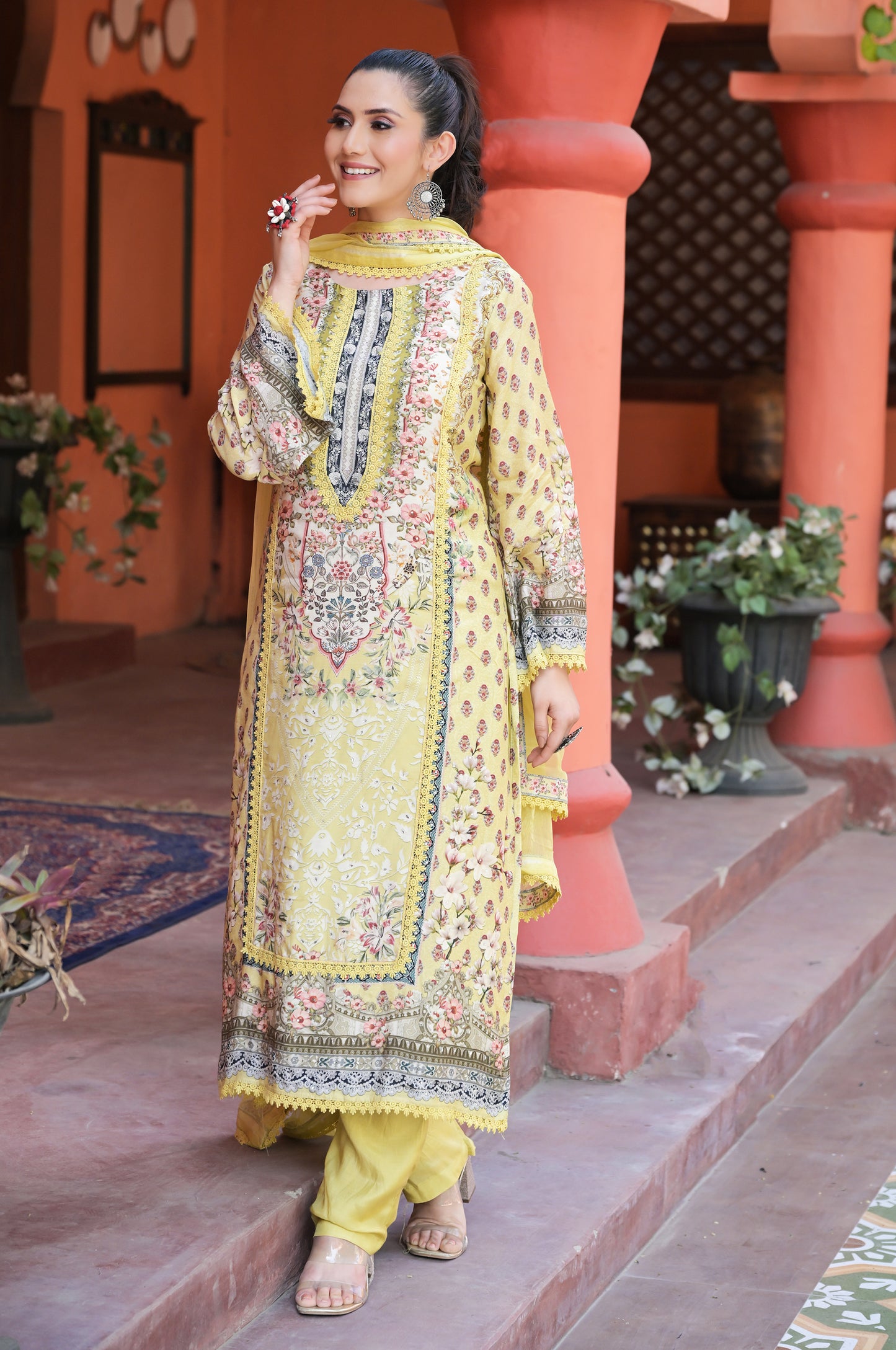 Pastel Yellow Print Suit Set, Cotton Muslin - Summer Collection #ISH1395