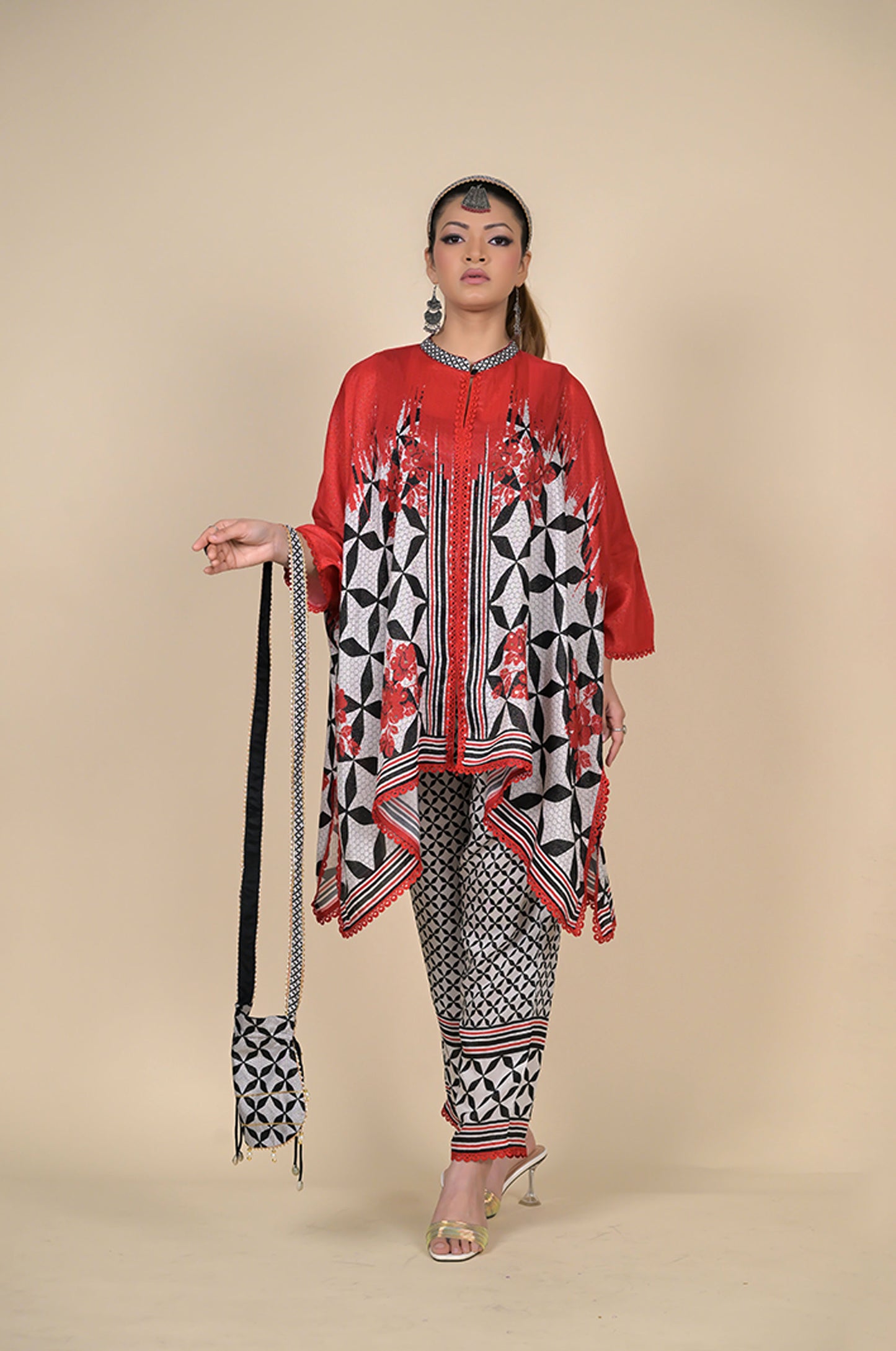 Beautiful Complex Printed Red & Black Kaftan, Cotton Muslin - Summer Collection #ISH-24-02