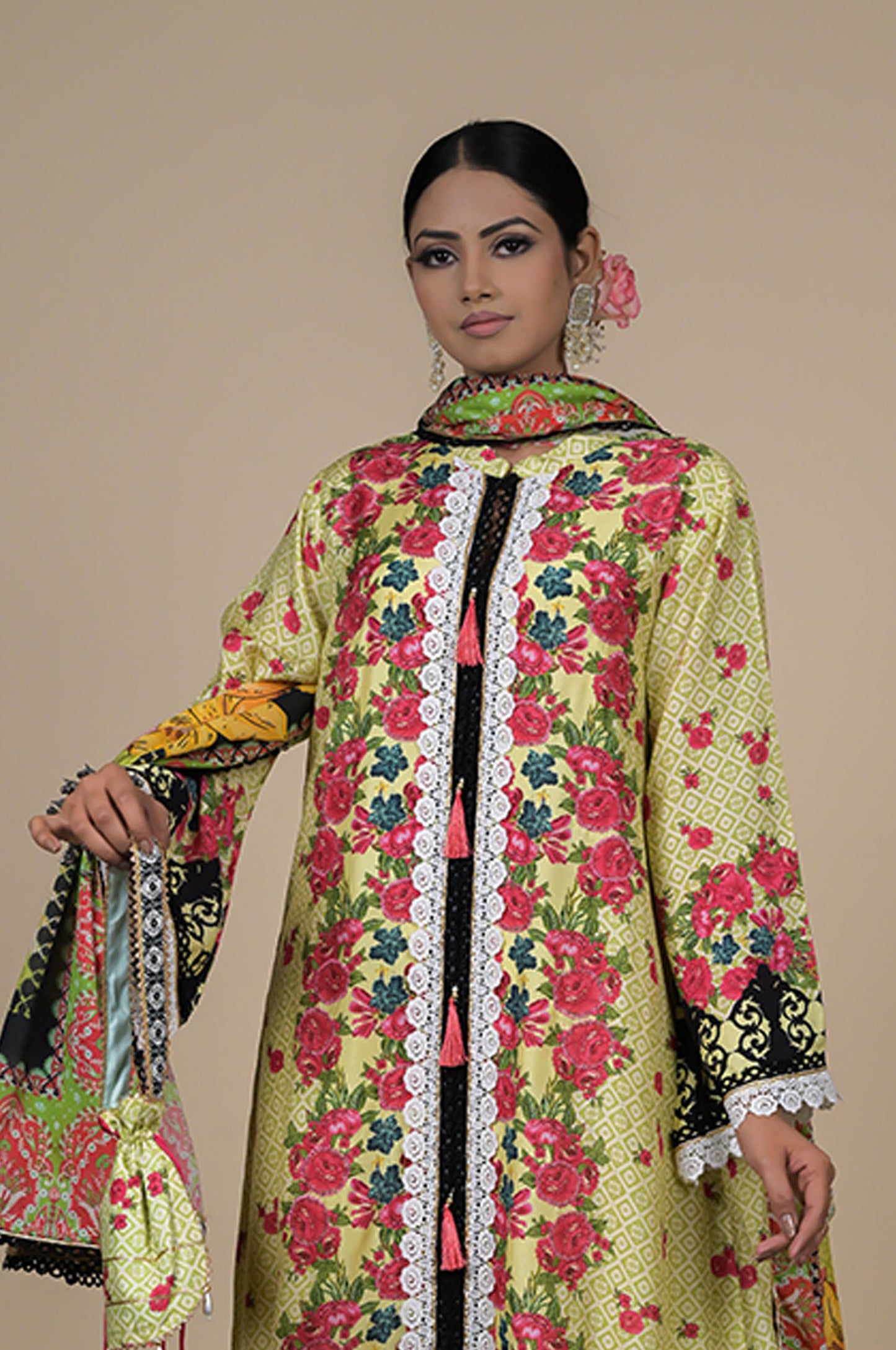 Amazing Lemon Yellow Floral Suit - A Timeless Classic Cotton Muslin - #ISH-36-02