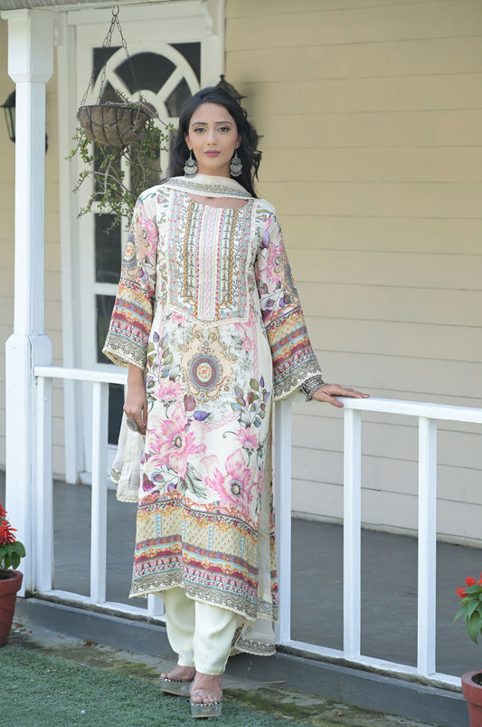 Floral Printed Suit Set, Cotton Muslin - Summer Collection #ISH-010-01