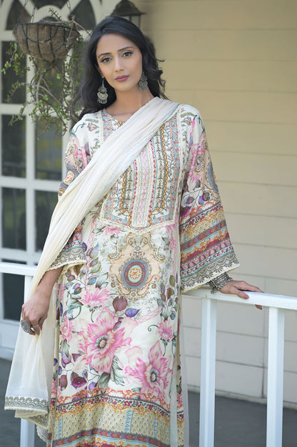 Floral Printed Suit Set, Cotton Muslin - Summer Collection #ISH-010-01