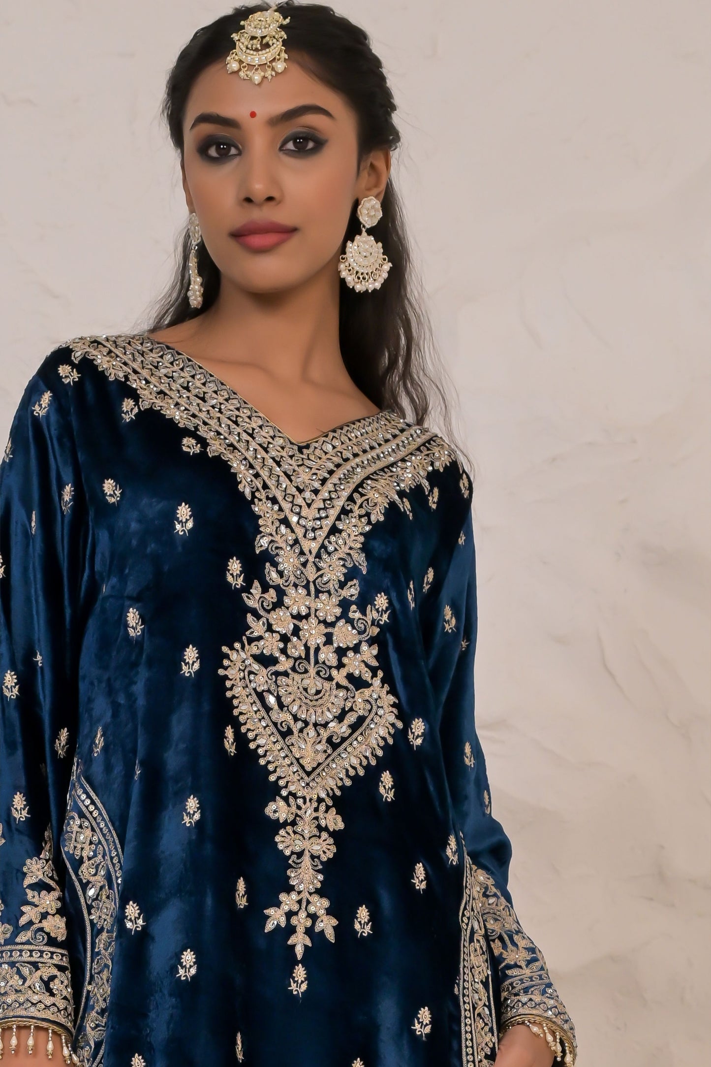 Deep Blue Velvet Suit set with Embroidered Borders – Noor Evening Glow