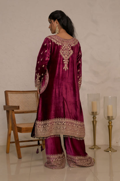 Crimson Maroon Velvet Suit set with Embroidered Borders – Noor Evening Glow