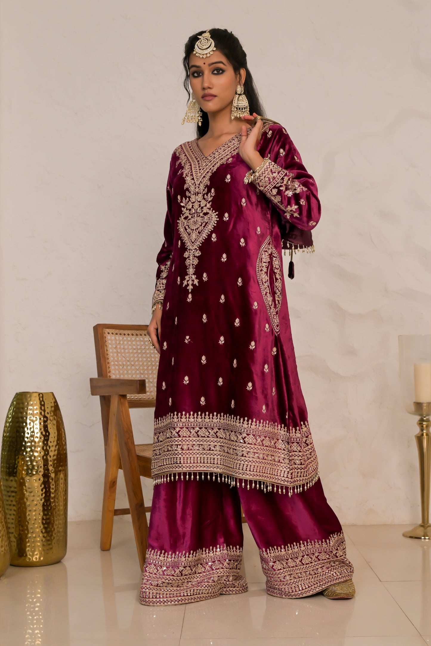 Crimson Maroon Velvet Suit set with Embroidered Borders – Noor Evening Glow