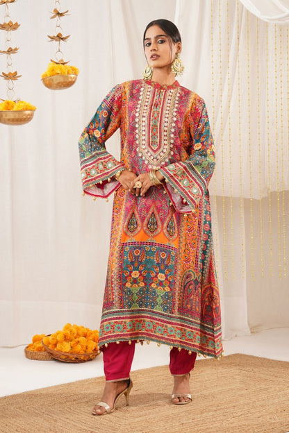 Multicolor Printed Crepe Suit Set with Potli – Riwayat